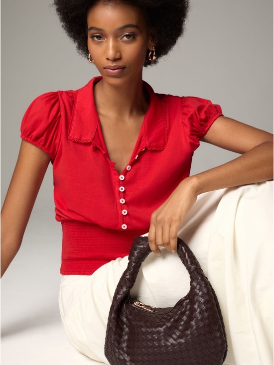 Anthropologie Tops - Red Puff-Sleeve Button down Maeve Anthropologie smocked waist top blouse S